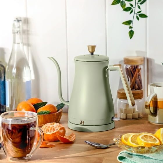 Be.autiful 1-Liter Electric Gooseneck Kettle 1200 W, Powerful 1200-watt boiling system,Long-lasting stainless steel with soft matte premium finish exterior, 360-degree power base,(Sage Green)