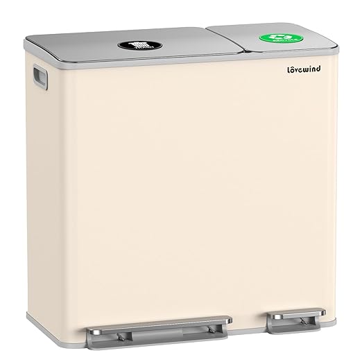 Lovewind Dual Trash and Recycling Bins for Kitchen, 13+6 Gallon Stainless Steel Garbage and Recycle Bin Combo for Large Families, Dual Trash Can with Soft Close Lid & Magnetic Stickers, Apricot