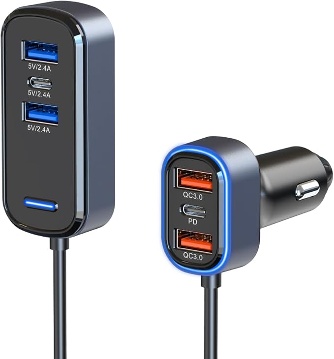 75.5W 6-Port Multiport Car Charger, PD Fast USB B C Car Charger for Multiple Devices,Cigarette Lighter Adapter Car Travel Essentials for Road Trips with 5FT Cable,Car Accessories for Smartphone