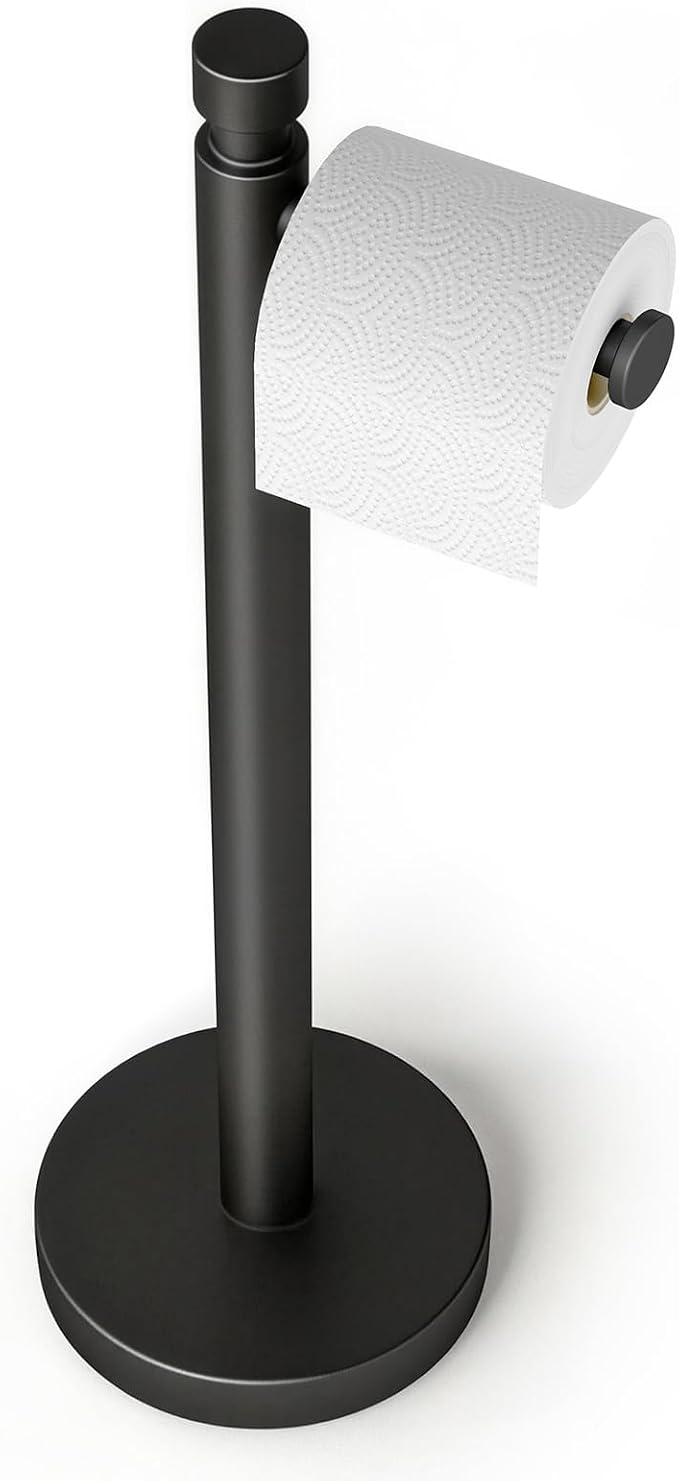 YUMORE Toilet Paper Holder Stand, 4.4lbs Heavy Duty Stainless Steel Free Standing Bathroom Tissue Roll Holder, Matte Black