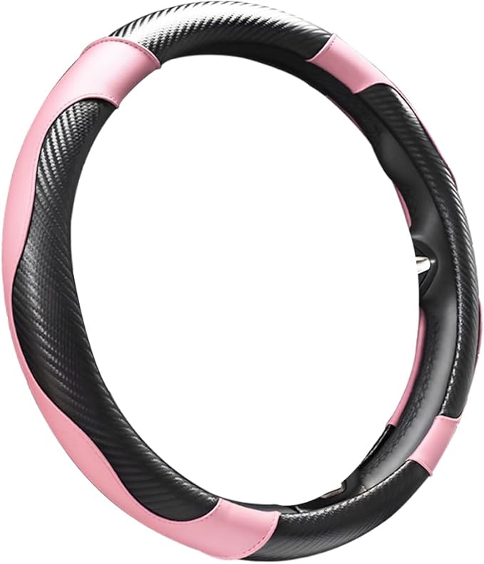 Car Steering Wheel Cover, 15 Inch Carbon Fiber Elastic Vehicle Steering Wheel Protector, Breathable Leather Auto Wheel Covers for Women Men, Interior Car Accessories (Black & Pink)