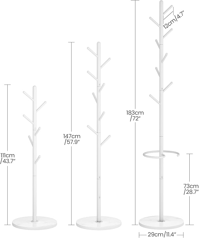 CHOEZON Coat Rack Freestanding, Coat Rack with Umbrella Holder, Coat Hanger Stand with 8 Hooks, Coat Tree with Marble Base, 3 Adjustable Size, for Entryway, Living Room, Bedroom Marble White TYM09WD