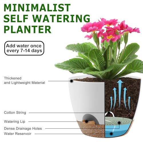 Plant Pots 10/9/8/7.5/7 Inch Self Watering Pots, Set of 5 Plastic Planters with Drainage Holes and Saucers,Plastic Flower Pots,Nursery Planting Pot for Indoor Out Door Plants（White）