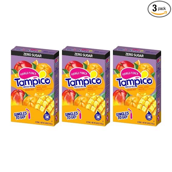Tampico Singles To Go Drink Mix Packets, Mango Punch, Zero Sugar, Low Calorie, 100% DV of Vitamin C per Serving, Convenient, On-The-Go Water Enhancers, 6 Count (Pack - 3)