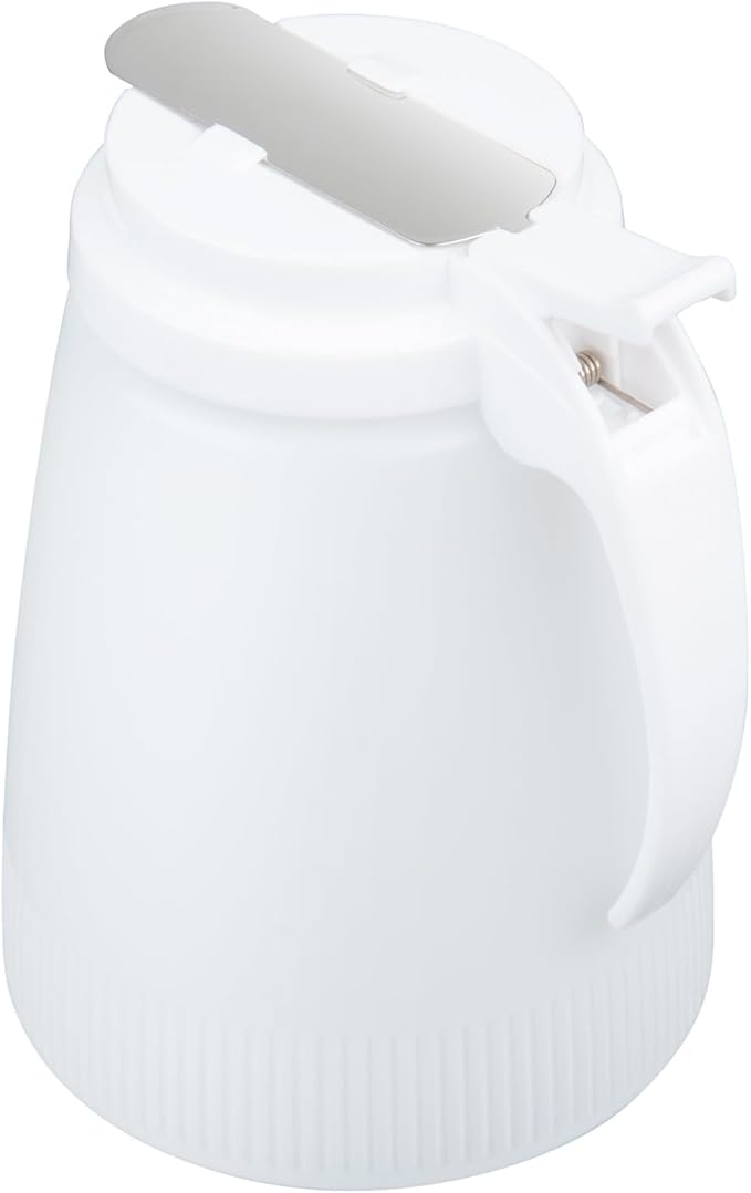 Restaurantware-Chef 101 48 Ounce All Purpose Syrup Dispensers, 10 Honey Dispensers - White Top, Stainless Steel Slide Cover, Plastic Pancake Syrup Bottle, Perfect For Diners, Restaurants, Home