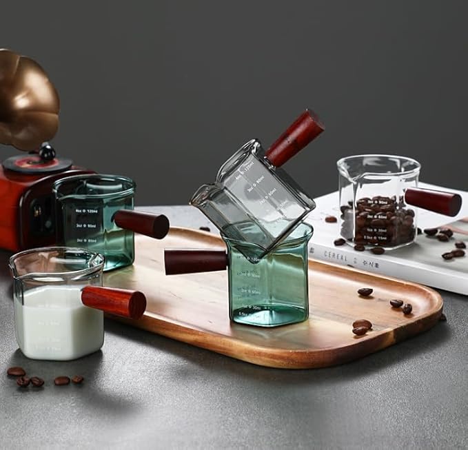 4OZ /120ML Ash Black Double Spouts Espresso Measuring Cup hexagonal Milk Cup with Red Sandalwood Handle Shot Glasses Clear Double Spout Espresso Glass Measuring Tools n Scales