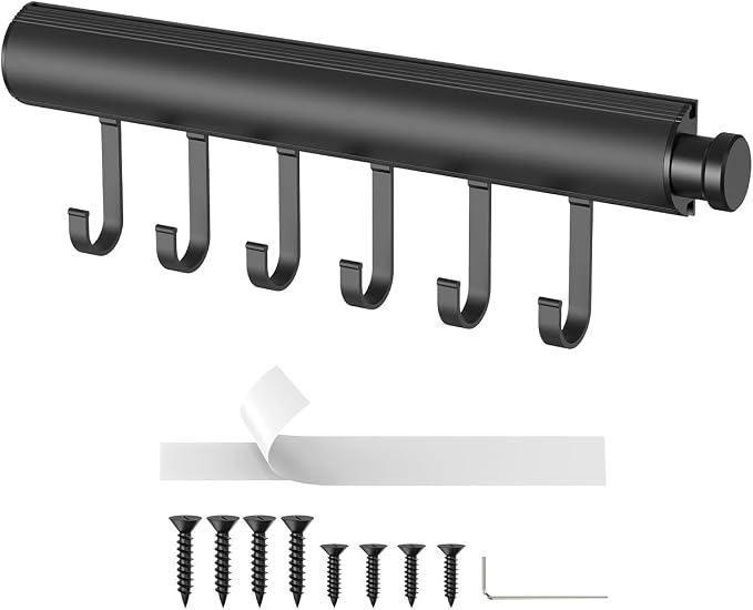12 inch Valet Rod for Closets Pull Out, Closet Rods Extenders for Hanging Clothes Telescoping Adjustable With 6 Hooks (Black, 12 Inch-1 Pack)