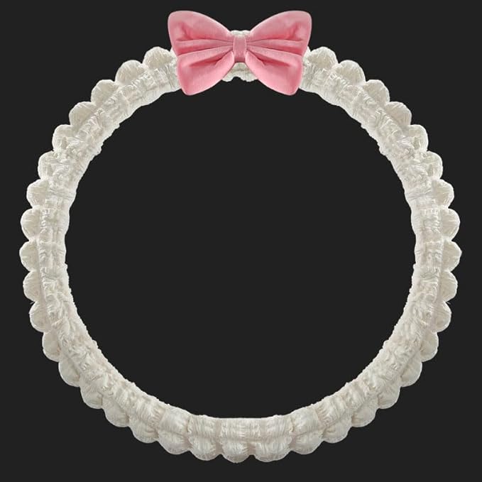 Cute Cartoon Anti-Slip Car Steering Wheel Cover - Puff Bowknot Style for Women & Girls, Universal Fit Auto Handlebar Cover, Fun Car Interior Accessories Gifts for Sister (White)