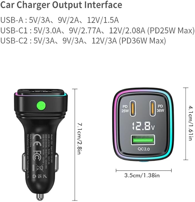 60W Fast Car Charger USB C Quick Charging Adapter PD 36W Fast Charging with Led and Voltage Display for iPhone16 15 X Samsung