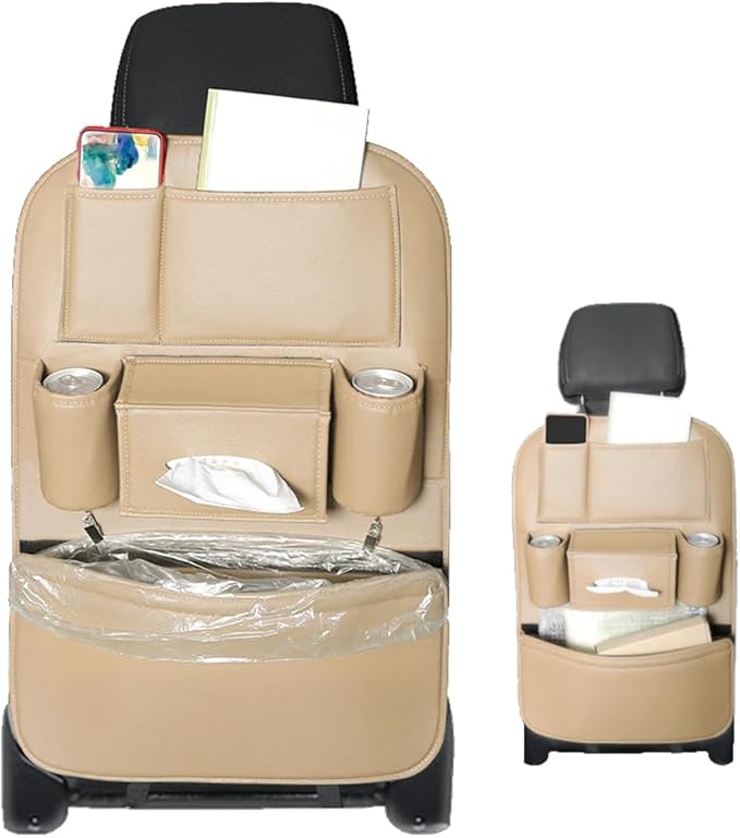 1PCS Car Backseat Organizer Seat Back Protectors Kick Mats, PU Leather Car Storage Organizer Hanging Bag with Car Tissue Holder Kids Toys Storage Car Accessories (Beige)