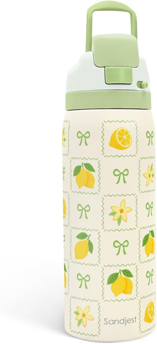 Lemon Stainless Steel Water Bottle, Vacuum Insulated, Push-Button Lid, 32 oz, Gifts for Women Girls Friends Teens Birthday Christmas