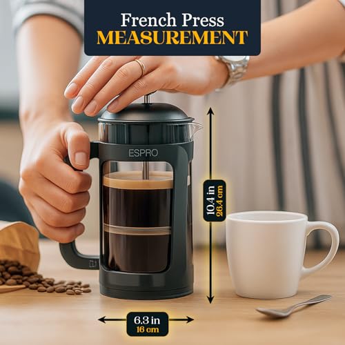 ESPRO P3 French Press Coffee Maker – Patented Double Micro-Filter for Grit-Free Brew, Heat Resistant thicker Borosilicate Glass Coffee press – (Black 32 oz)