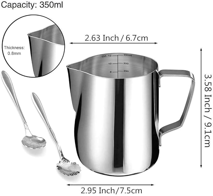 Milk Frothing Pitcher Cup, 12oz/350ML Milk Frother Cup Stainless Steel Steaming Pitcher Milk Jug Coffee Latte Art Cappuccino Espresso Machine Accessories Barista Steam Pitchers Attached Dessert Spoons