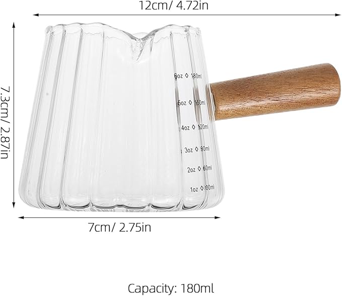 Kichvoe Espresso Shot Glass with Wood Handle - Glass Coffee Milk Creamer - Frothing Pitcher Creamer Jug, 180ML/6 OZ Pourer Baking Measuring Cup for Coffee Milk Tea Syrup