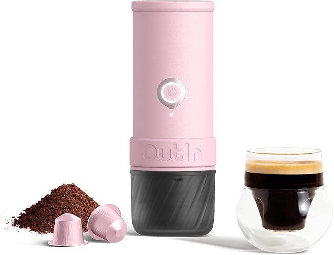 OutIn Mino Portable Electric Espresso Machine, Mini Camping Coffee Maker for Travel, Pocket Sized Coffee Machine Self-Heating, Ground Coffee & NS Capsule Adapter For Adventure