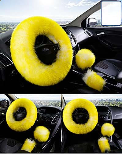 15inches Universal Leather Car Steering Wheel Cover Car Accessories Colorful Fuzzy Steering Wheel Cover Gear Shift Cover Handbrake Cover (Yellow)