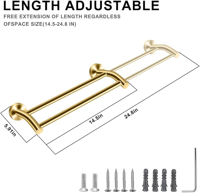 MGahyi Adjustable Double Towel Bar 14.5-24.8Inch, Matte Telescopic Stainless Steel Wall Mount Towel Holder, Rustproof Towel Rack for Bathroom Kitchen RV Laundry Hotel (Gold, Double-Bar)