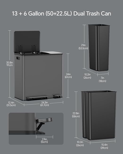 Lovewind Dual Trash and Recycling Bins for Kitchen, 13+6 Gallon Stainless Steel Garbage and Recycle Bin Combo for Large Families, Dual Trash Can with Soft Close Lid & Magnetic Stickers, Grey