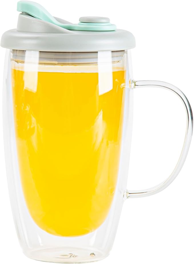 Restaurantware - Forma Professional 15.2 Ounce Insulated Travel Mugs With Handles, 10 Double Wall Coffee Mugs - Includes Lids, Reusable, Clear Borosilicate Glass Tumblers, Dishwashable, Microwavable