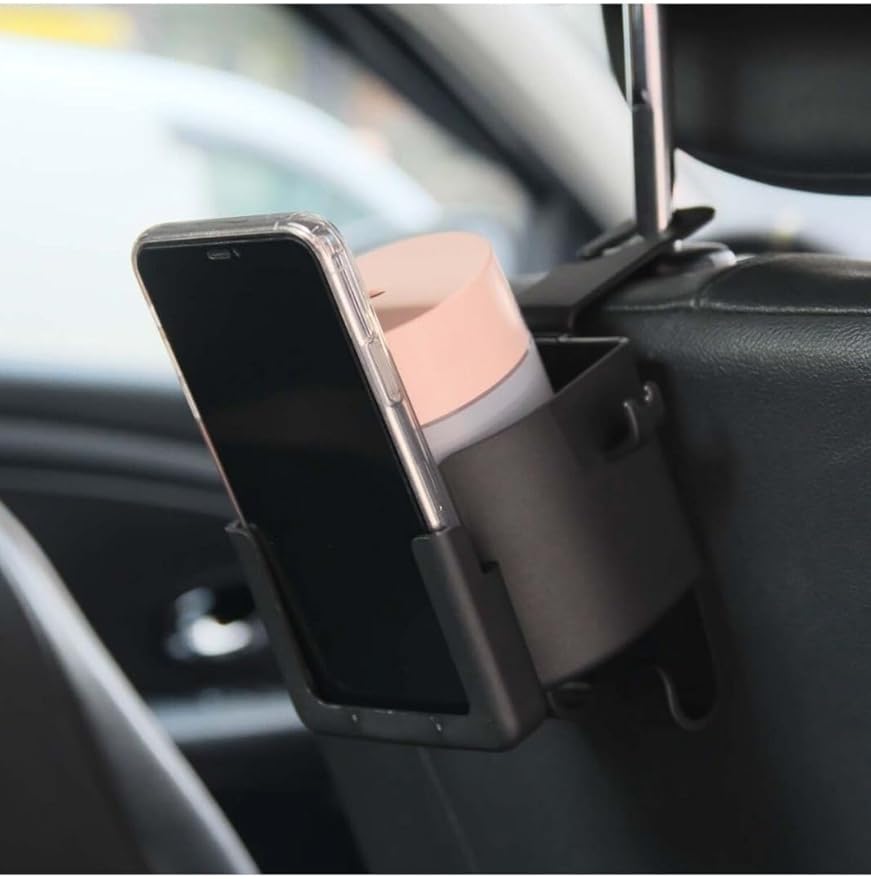Headrest Cup Holder + Phone Holder for Back Seat Multifunctional | Car Seat Hooks for Headrest Car Seat Back Storage Hook | Car Travel Accessories Handbag (Cup Holder + Phone Holder, Black)