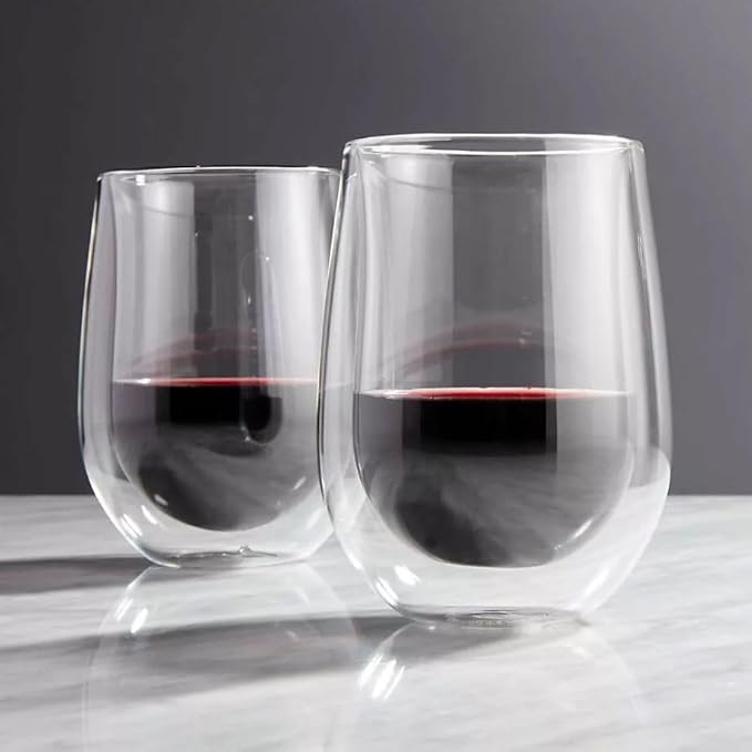 Set of 2 Double Wall Insulated Glass Hand Blown Stemless Wine Glass Coffee Mug Tea Glass