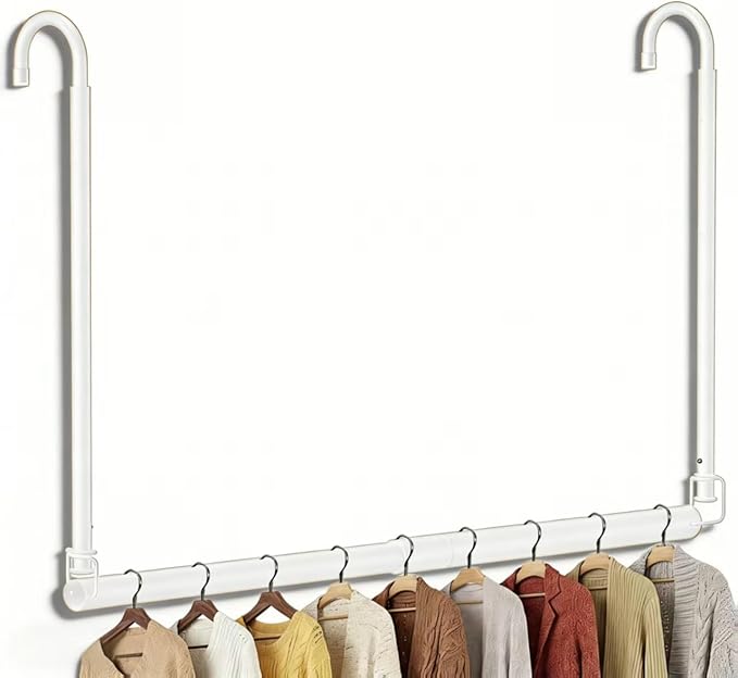 Stepless Extender Closet Hanging Rod - Heavy Duty Closet Rods for Hanging Clothes, Adjustable Width & Height, Space-Saving White Closet Organizer for Hanging & Drying Clothes, Easy to Install