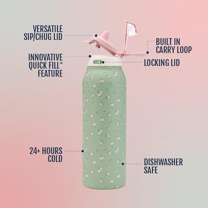Ello Pop & Fill Insulated Stainless Steel Water Bottle with Quick Fill Lid, Leakproof Locking, Sip or Chug Spout, BPA-Free, Double Wall Vacuum Insulated for Sports, Travel & School- 22oz / 32oz / 40oz