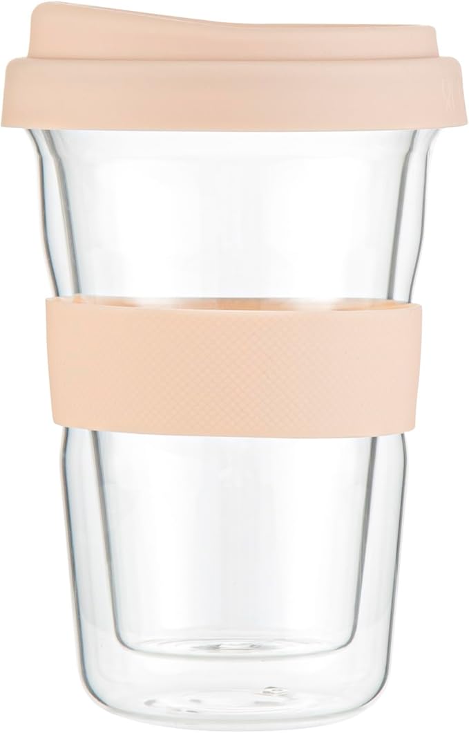 Restaurantware Glass Travel Mug 1 Count 14 Ounce Double Wall Borosilicate Reusable Coffee Cup, Spill-Resistant Tan Silicone Lid, Clear Drinkware Mug for Hot and Cold Beverages