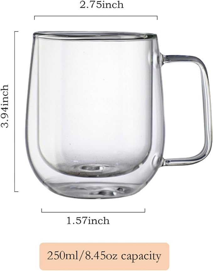 Double Wall Glass Coffee Mugs with handle - 8.45 oz Insulated Clear Coffee Mugs Set of 2, Perfect for Espresso, Cappuccino, Latte, Americano, Tea Bag, Beverage (250ml/8.45,set of 2)