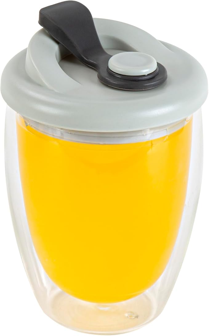 Restaurantware Glass Travel Mug 1 Count 12 Ounce Double Wall Borosilicate Reusable Coffee Cup, Spill-Resistant Gray Silicone Lid, Clear Drinkware Mug for Hot and Cold Beverages