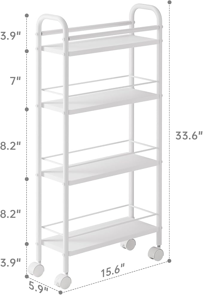 Slim Storage Cart, 4-Tier Small Rolling Cart with Wheels, 5.9" Deep, Narrow Bathroom Shelf Trolley for Kitchen, Bathroom, Laundry Room, White Standard 4-Tier (5.9" W x 33.6" H)