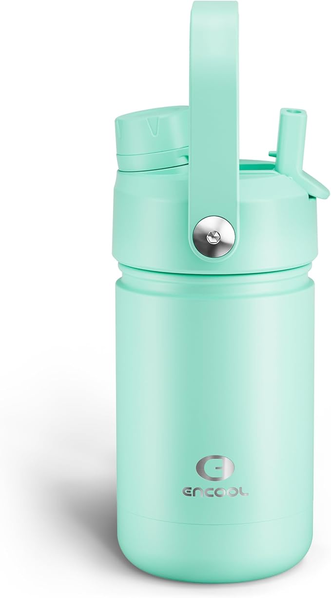 Kids Insulated Water Bottle with Straw - 12oz Stainless Steel Water Bottle with Dual Spouts, Leak-Proof, BPA-Free, Double Wall Vacuum Keeps Cold for 24 Hours for Sports, Travel, School (Brook Green)