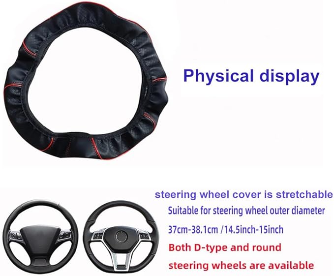 Queenbox Faux Leather Car Steering Wheel Cover, Anti-Slip Grip Diamond Quilted Protector Universal for 14.5-15in Round D Vehicle SUV Truck, Black Red