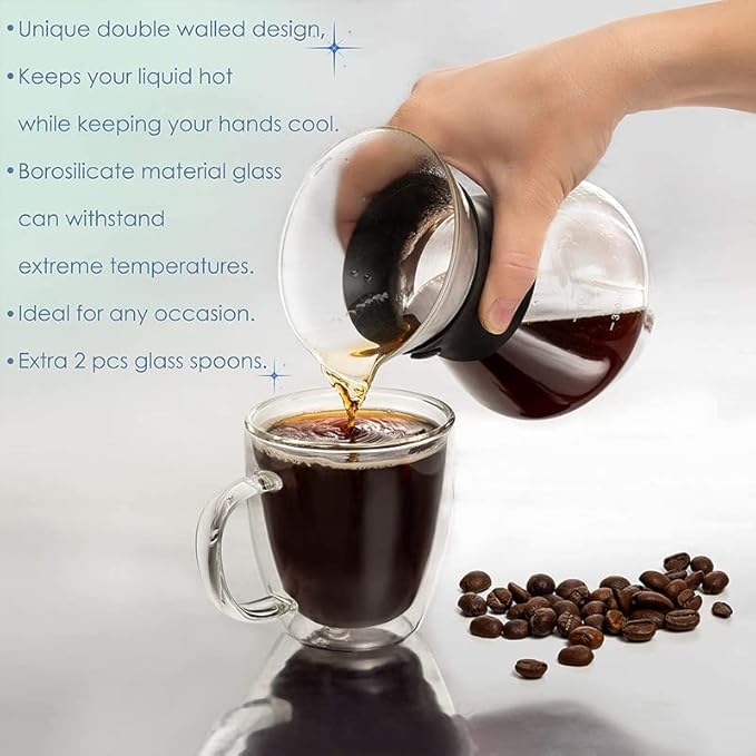 Moss & Stone Set of 4 Double Wall Glass Cup Clear Mug, Double Walled Coffee Mugs 7.4 Oz, Glass Tea Mugs, Insulated Coffee Mug With Handle & 2 Glass Spoons, Cappuccino Cups Set