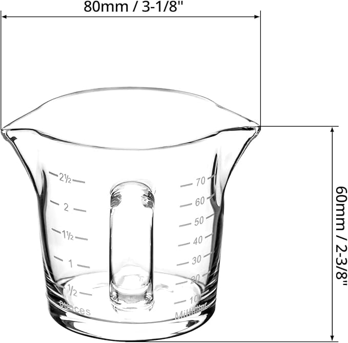 QWORK Espresso Shot Glass with Handle, 4 Pack 3-Ounce Double Spout Glass Measuring Cup Triple Pitcher Milk Cup with Two Scales (OZ&ML)