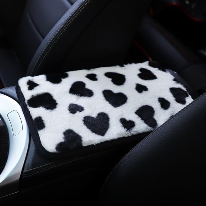 Furry Car Armrest Cover, Winter Warm Plush Heart Armrest Box Mat, Car Center Console Cushion Pad, Cars Interior Accessories(Green)