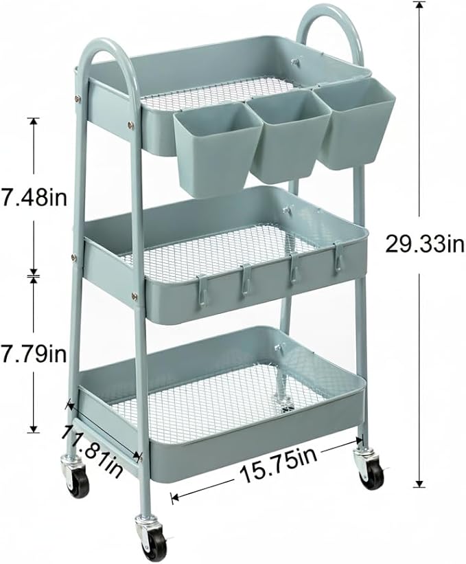 danpinera 3-Tier Rolling Cart, Utility Cart Mobile Metal Rolling Storage Cart with Lockable Wheels & Hanging Cups & Hooks for Kitchen, Bathroom, Office, Workshop, Gray Blue