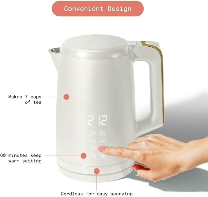 Electric Gooseneck Kettle 1 Liter 1200W, Stainless Steel, Pour Over Coffee Tea, Auto Shut-Off, 360° Cordless Power Base (White 1.7L)