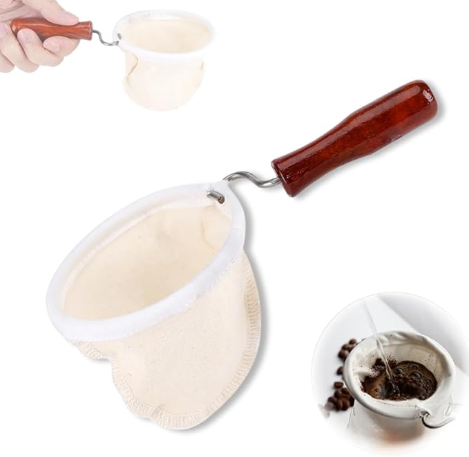 WenTigDY Cloth Coffee Sock Filter,7.3 x 3.9 inches Handmade Coffee Filter Washable Reusable Flannel Coffee Strainer Colador de Cafe de Tela with Wooden Handle for Home Office Use