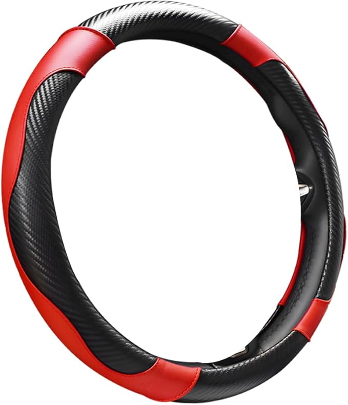 Car Steering Wheel Cover, 15 Inch Carbon Fiber Elastic Vehicle Steering Wheel Protector, Breathable Leather Auto Wheel Covers for Women Men, Interior Car Accessories (Black & Red)