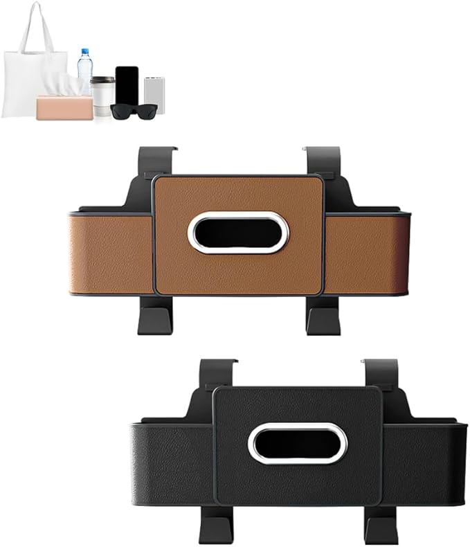 Back Seat Car Organizer,3 in 1 Car Backseat Storage Box with Cup Holder,Tissue Box,Trash Bin&Hooks,Multifunctional Waterproof Storage for Hold Phones Snacks Drinks Handbags (1, Brown+Black)