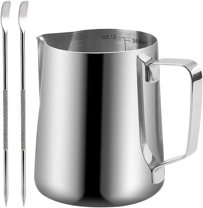 Milk Frothing Pitcher, 350ml (12oz) Milk Frother Cup Stainless Steel Jug Steaming Pitcher, Milk Coffee Cappuccino Latte Art Barista Steam Pitchers Milk Jug Cup with 2Pcs Decorating Pen