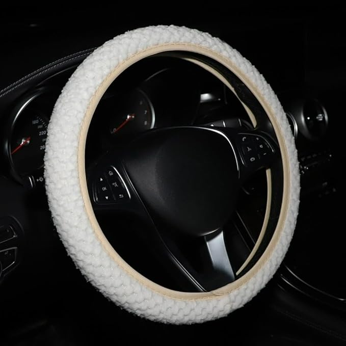 15 Inch Soft Dot Plush Steering Wheel Cover Anti-Slip Comfortable Winter Grip Universal Fit for Most Car Truck Vehicle SUV (Beige)