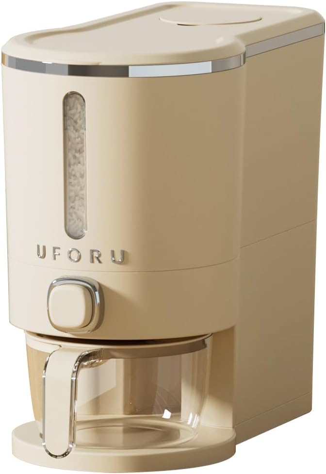 UFORU Rice Dispenser, Rice Storage Container with Measuring Cup for Kitchen Pantry Household, Dry Food Storage Containers Airtight, Sealed Moisture Proof, Cream White 11 Lbs