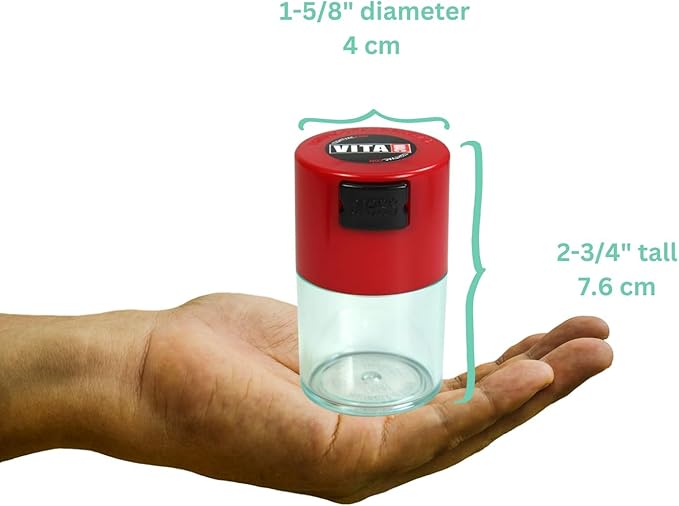 Vitavac - 5g to 20 grams Airtight Multi-Use Vacuum Seal Portable Storage Container for Dry Goods, Food, and Herbs - Red Clear