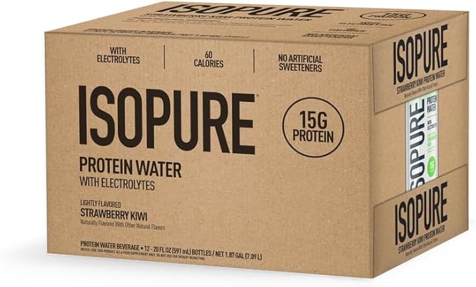 Isopure Clear Protein Water with Electrolytes, 15g Whey Protein Isolate, Zero Sugar, Strawberry Kiwi, 20 fl oz, 12-Pack