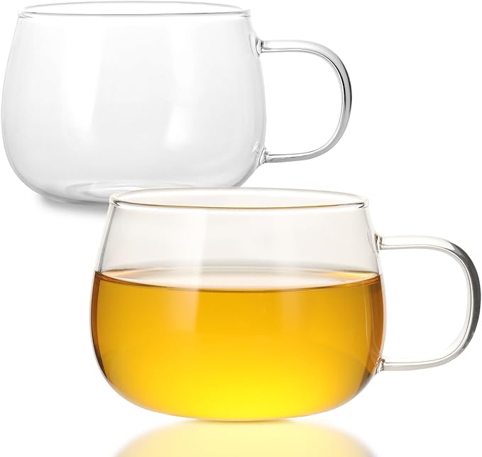 Glass Tea Cups Set of 2, Clear Borosilicate Glass Teacups with Handle for Tealover, Dishwasher & Microwave Safe Large Coffee Mugs for Espresso Cappuccino Latte Juice, 12OZ/360ML