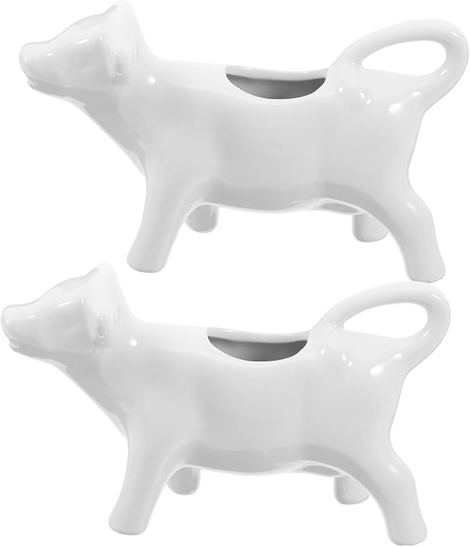 DOITOOL 2pcs Mini Cow Creamer Coffee Tea Milk Syrup Dressing Server with Handle White Porcelain 40ML