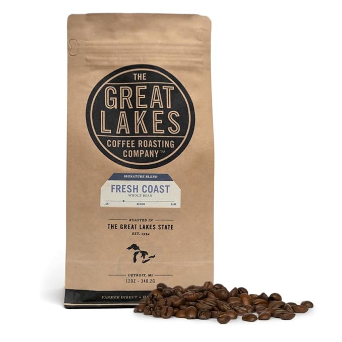 Great Lakes Light/Medium Roast Whole Bean Coffee, Fresh Coast Signature Blend, Farmer Direct Sourced from Brazil and Ethiopia, 12 Ounces