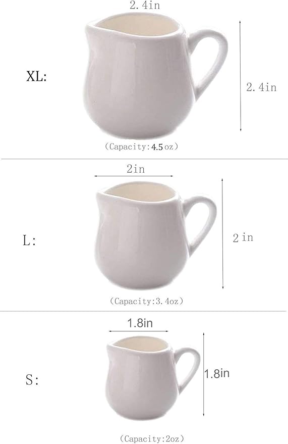 Sizikato 2pcs Mini Classic Pure White Ceramic Creamer with Handle,Small Coffee Milk Creamer Pitcher. 2oz